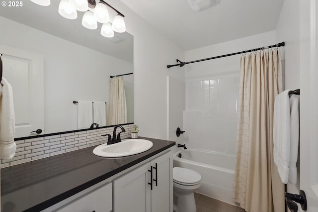 14878 NW Olive St, Portland, OR 97229 - bathroom with shower / bath combo, vanity, tile patterned floors, toilet, and a notable chandelier
