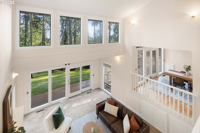 carpeted living room with high vaulted ceiling