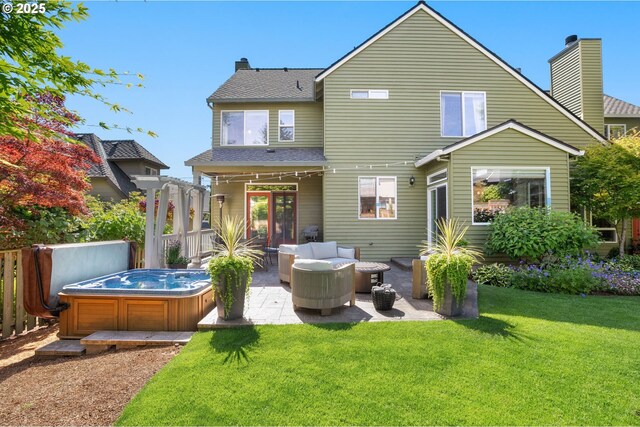 1648 NW 127th Ter, Portland, OR 97229 - rear view of property with a hot tub, a patio, a chimney, an outdoor hangout area, and roof with shingles