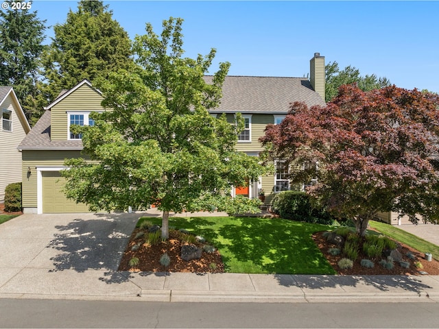 1648 NW 127th Ter, Portland, OR 97229 - obstructed view of property with a garage, a front lawn, driveway, a shingled roof, and a chimney