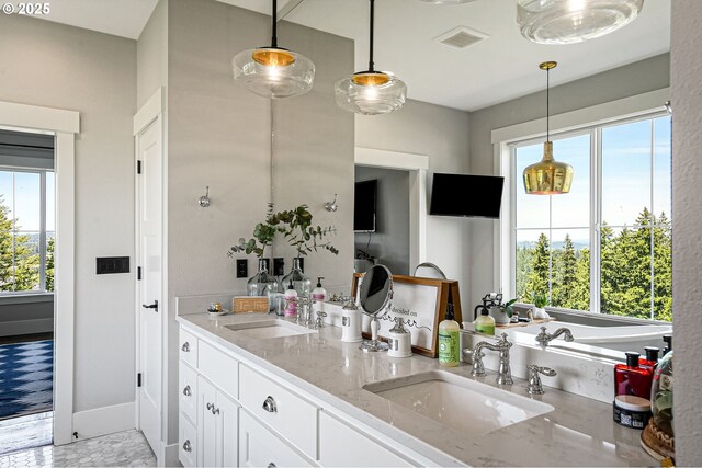 4040 Victor Point Rd NE, Silverton, OR 97381 - bathroom featuring double vanity, plenty of natural light, and baseboards