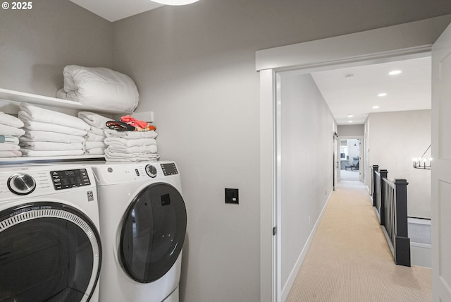 4040 Victor Point Rd NE, Silverton, OR 97381 - laundry room with independent washer and dryer, light carpet, baseboards, and recessed lighting