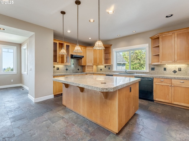 10193 SE Crescent Ridge Loop, Happy Valley, OR 97086 - kitchen featuring open shelves, black dishwasher, stone tile floors, a kitchen island, and recessed lighting