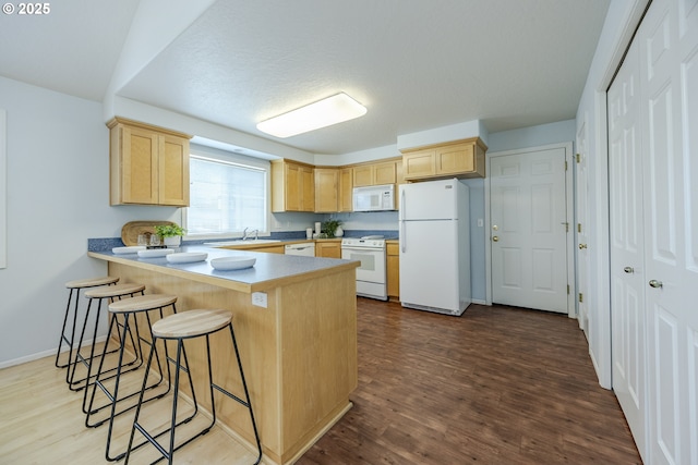 3618 Sterling Woods Dr, Eugene, OR 97408 - kitchen featuring white appliances, light brown cabinets, a sink, and a peninsula