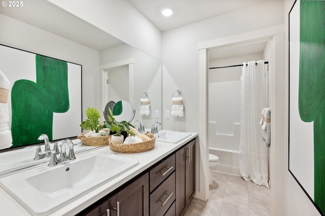 bathroom with a sink, double vanity, toilet, and shower / bathtub combination with curtain