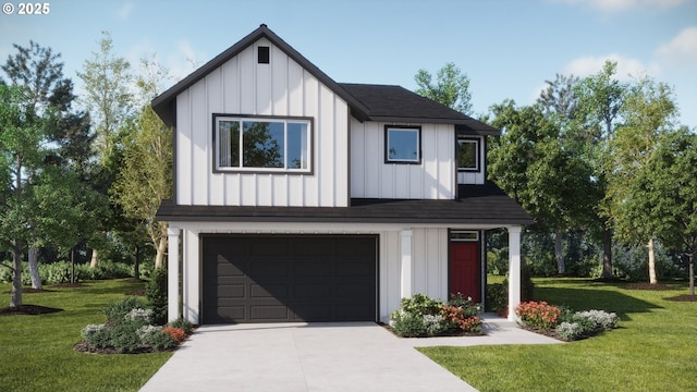 modern inspired farmhouse with an attached garage, board and batten siding, driveway, and a front lawn