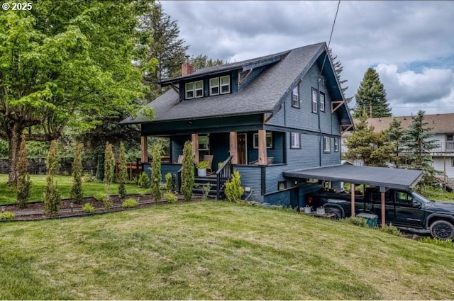 51 N Dean St, Coquille, OR 97423 - view of front of house with covered porch, a chimney, a front yard, and a shingled roof