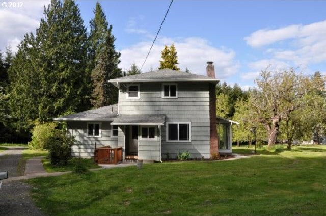 rear view of property featuring a lawn and a chimney