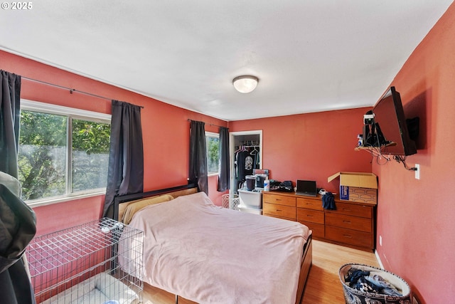 bedroom featuring multiple windows and light wood-style flooring
