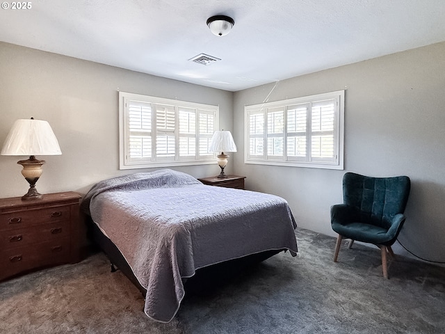 carpeted bedroom with multiple windows and visible vents