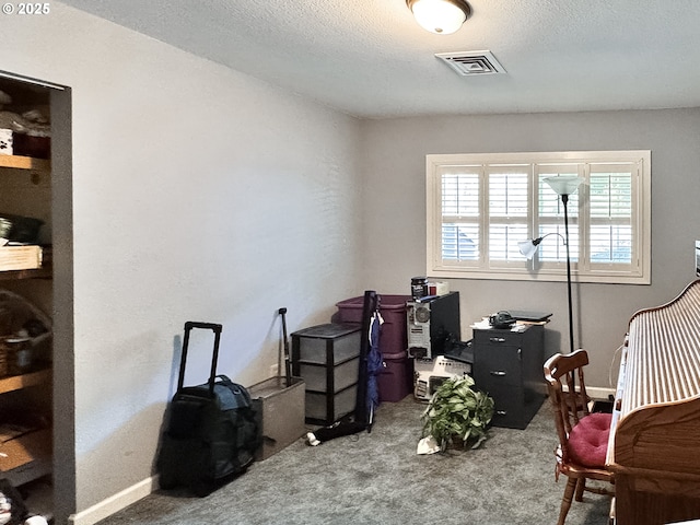 carpeted office space with visible vents, a textured ceiling, and baseboards