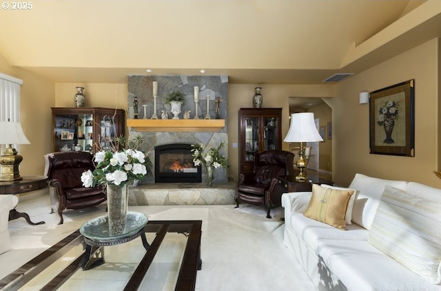 2567 SE Coriander, Grants Pass, OR 97527 - living room with a stone fireplace and lofted ceiling