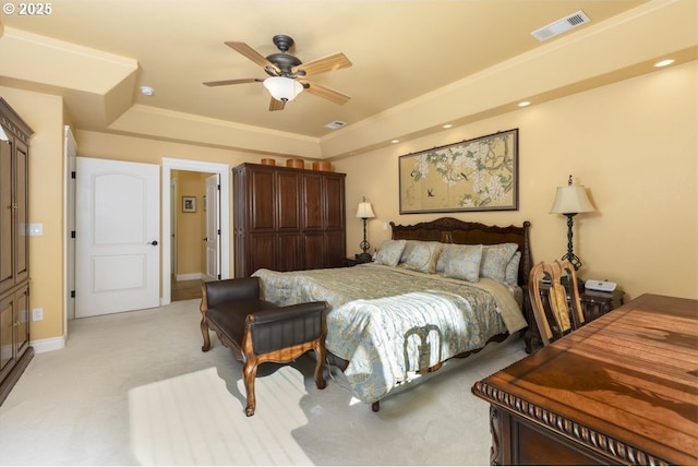 2567 SE Coriander, Grants Pass, OR 97527 - bedroom with light carpet, a ceiling fan, and a tray ceiling