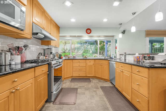 10145 SW Paulina Dr, Tualatin, OR 97062 - kitchen with plenty of natural light, backsplash, under cabinet range hood, stainless steel appliances, and a sink