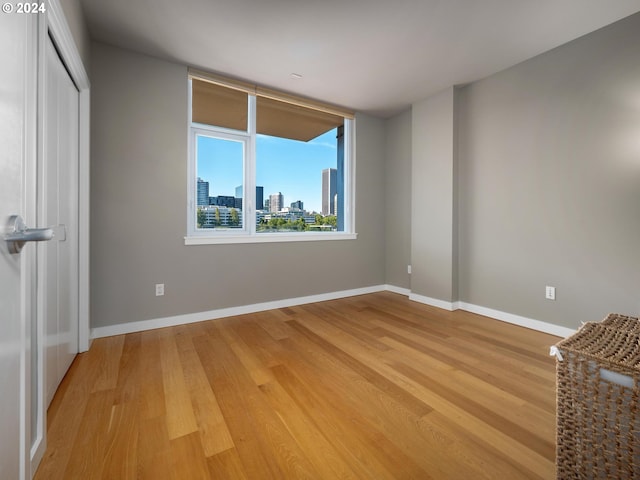 unfurnished bedroom with light hardwood / wood-style flooring and a closet