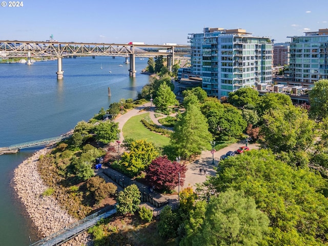 birds eye view of property featuring a water view