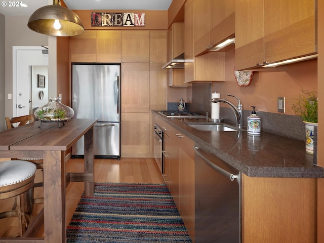 kitchen with sink, light hardwood / wood-style flooring, light brown cabinets, stainless steel appliances, and ventilation hood