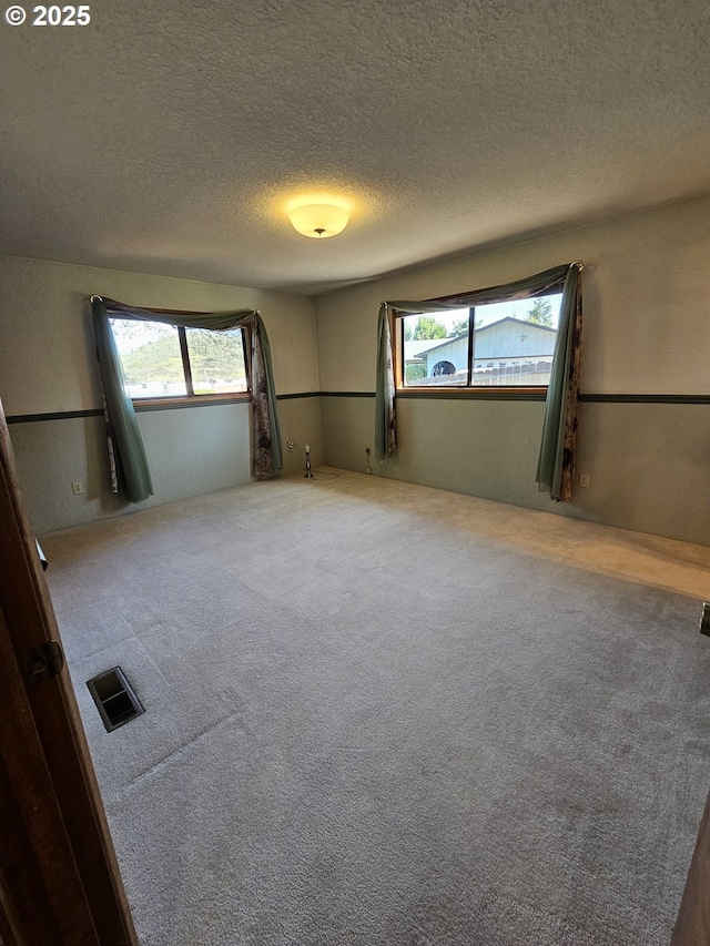 carpeted empty room featuring plenty of natural light, visible vents, and a textured ceiling