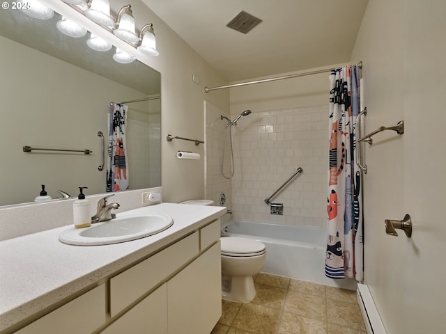 full bathroom featuring baseboard heating, shower / tub combo with curtain, vanity, and toilet