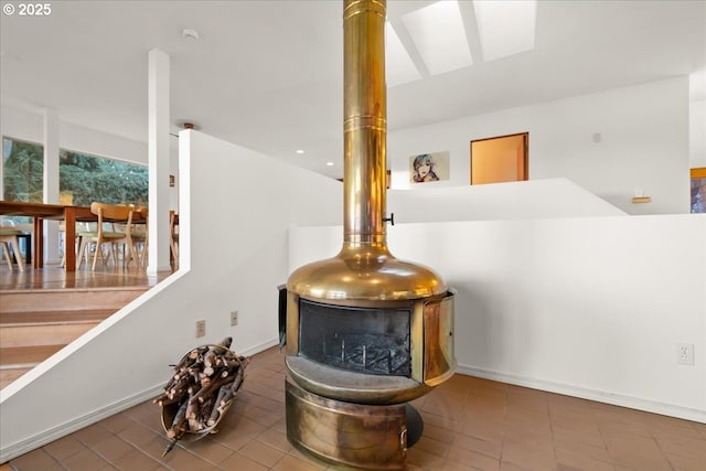 interior details featuring a wood stove