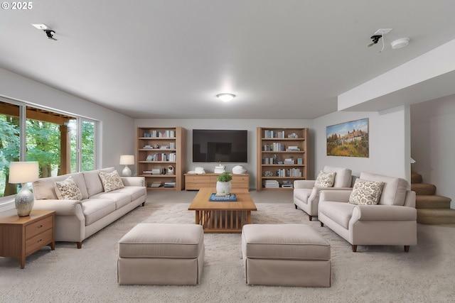 living room with light colored carpet