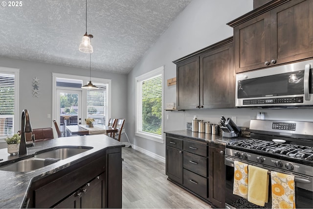 kitchen featuring dark brown cabinetry, light wood-type flooring, vaulted ceiling, appliances with stainless steel finishes, and a sink