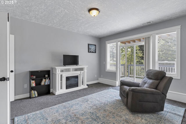 living room with a textured ceiling, baseboards, and carpet