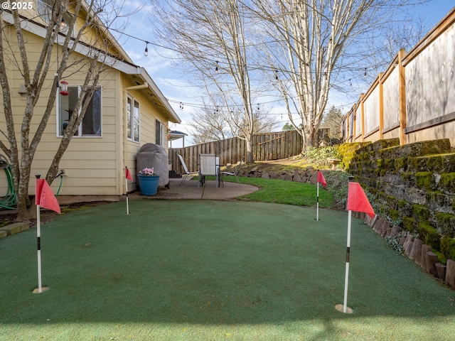 view of yard with a fenced backyard and a patio