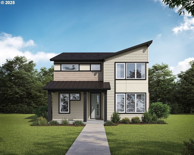 8276 SE Orion Ln, Hillsboro, OR 97123 - modern home with a standing seam roof, a front lawn, and metal roof
