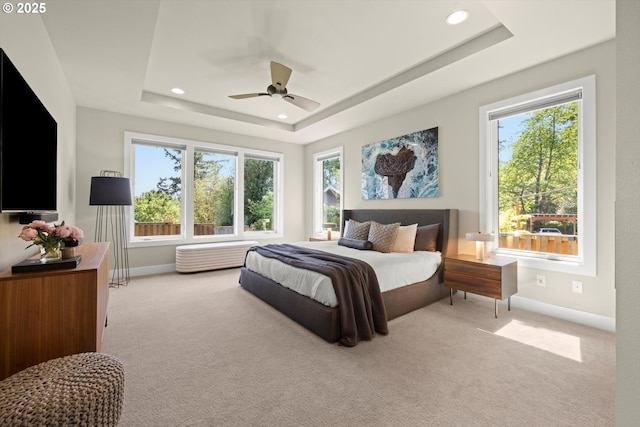 4480 Upper Dr, Lake Oswego, OR 97035 - carpeted bedroom with baseboards, a tray ceiling, recessed lighting, and a ceiling fan