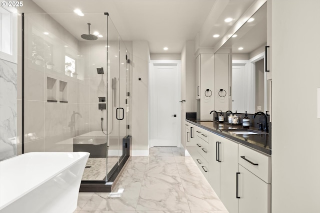 4480 Upper Dr, Lake Oswego, OR 97035 - bathroom featuring marble finish floors, a shower stall, recessed lighting, double vanity, and a freestanding bath