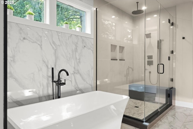 4480 Upper Dr, Lake Oswego, OR 97035 - full bathroom with marble tiled floors, a stall shower, a freestanding tub, a sink, and recessed lighting