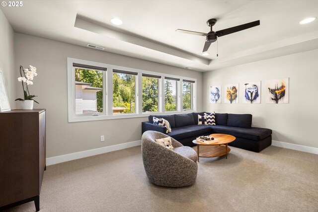 4480 Upper Dr, Lake Oswego, OR 97035 - carpeted living room featuring recessed lighting, a ceiling fan, and a raised ceiling