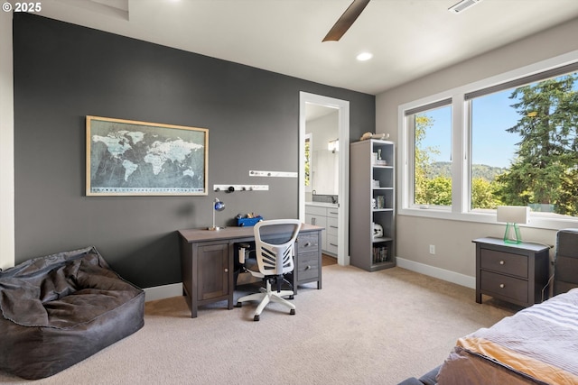 4480 Upper Dr, Lake Oswego, OR 97035 - bedroom with light colored carpet, an office area, baseboards, recessed lighting, and connected bathroom