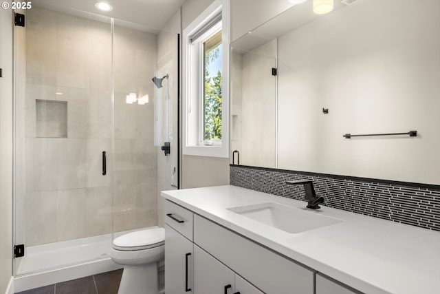 4480 Upper Dr, Lake Oswego, OR 97035 - full bathroom featuring vanity, toilet, tile patterned floors, backsplash, and a stall shower