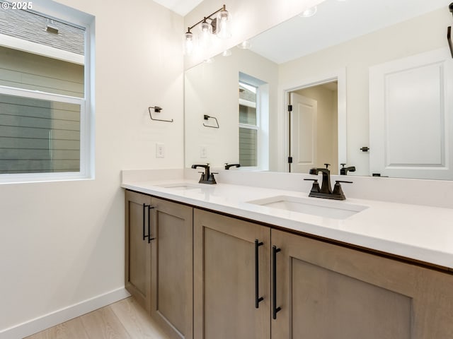 full bathroom with double vanity, baseboards, wood finished floors, and a sink