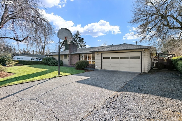 ranch-style home with gravel driveway, a front yard, a garage, brick siding, and a chimney