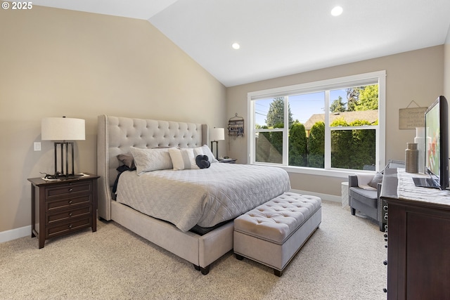 14206 SE Woodside Ave, Milwaukie, OR 97267 - bedroom featuring baseboards, vaulted ceiling, recessed lighting, and light carpet