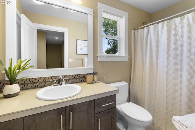 14206 SE Woodside Ave, Milwaukie, OR 97267 - bathroom featuring decorative backsplash, toilet, vanity, and a shower with curtain