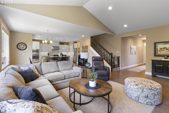 14206 SE Woodside Ave, Milwaukie, OR 97267 - living area with recessed lighting, dark wood-style floors, stairs, a chandelier, and vaulted ceiling