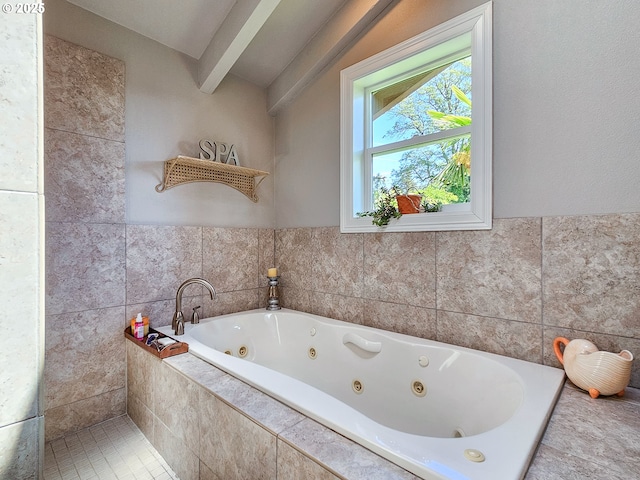 10059 SW 57th Pl, Portland, OR 97219 - bathroom featuring healthy amount of natural light, a jetted tub, and beam ceiling