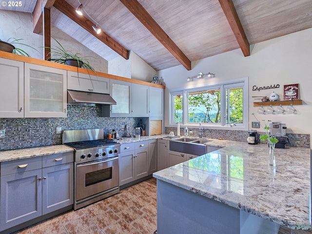 10059 SW 57th Pl, Portland, OR 97219 - kitchen featuring gas stove, under cabinet range hood, wood ceiling, gray cabinetry, and a peninsula