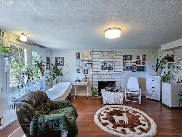 10059 SW 57th Pl, Portland, OR 97219 - living area featuring wood finished floors, a textured ceiling, and a brick fireplace