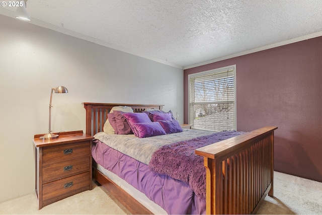 bedroom featuring carpet floors, a textured ceiling, and crown molding