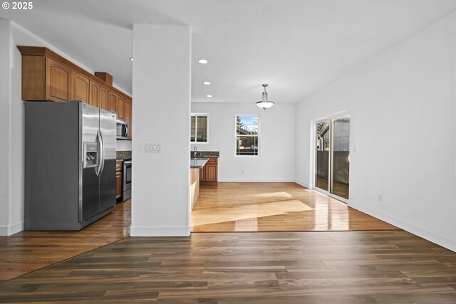 kitchen featuring pendant lighting, appliances with stainless steel finishes, and dark wood-type flooring