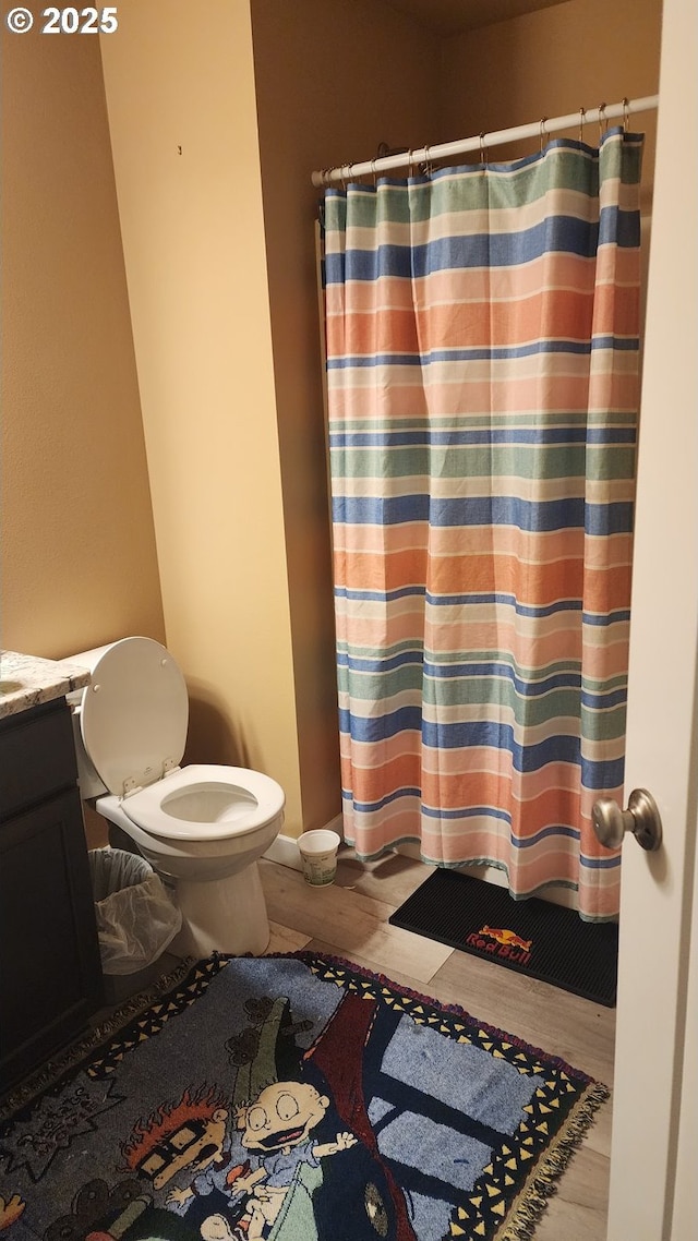 bathroom with vanity, wood-type flooring, toilet, and walk in shower