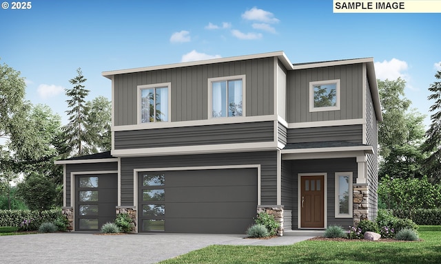 17407 SW Atfalati Ln Unit 45, Sherwood, OR 97140 - contemporary home featuring an attached garage, stone siding, driveway, and board and batten siding