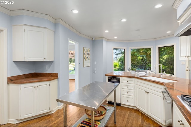 3925 SW Humphrey Blvd, Portland, OR 97221 - kitchen featuring healthy amount of natural light, dark wood-style floors, stainless steel appliances, white cabinets, and recessed lighting