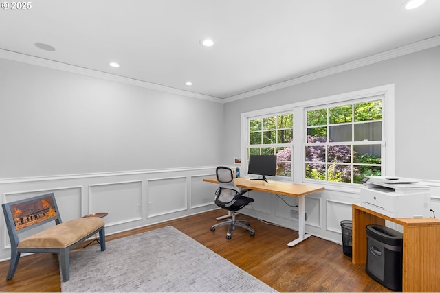 3925 SW Humphrey Blvd, Portland, OR 97221 - office space featuring ornamental molding, wood finished floors, recessed lighting, a wainscoted wall, and a decorative wall