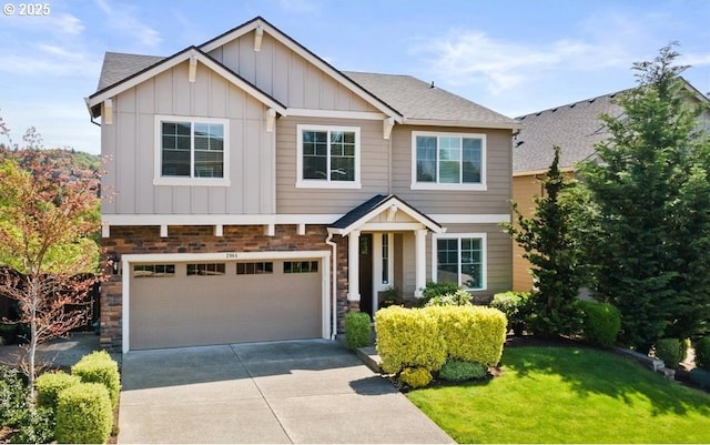 2964 NW Parkhurst Ter, Portland, OR 97229 - craftsman inspired home featuring board and batten siding, driveway, a garage, a front lawn, and stone siding